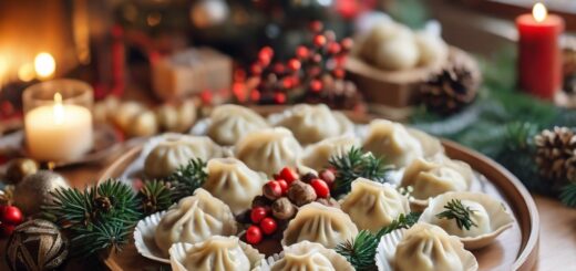 Красивый поднос с варениками рядом красивая елка