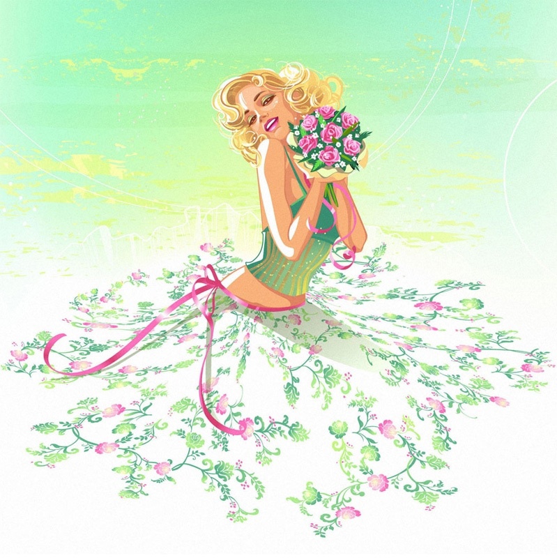 девушка в зеленом платье рисунок